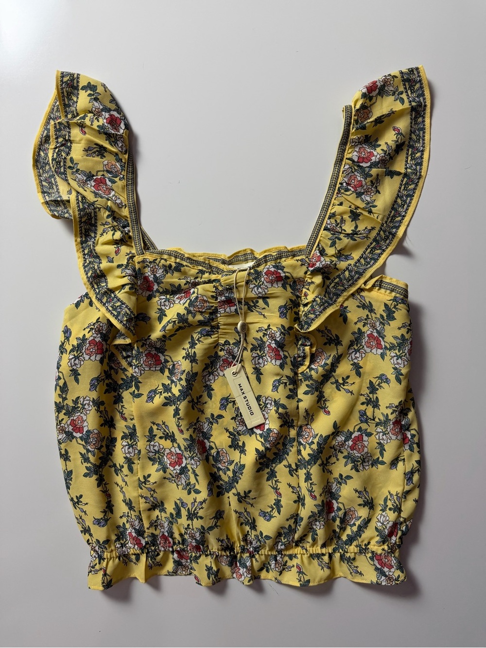 NWT Max Studio Ruffle Strap Floral Tank, Yellow, Size S